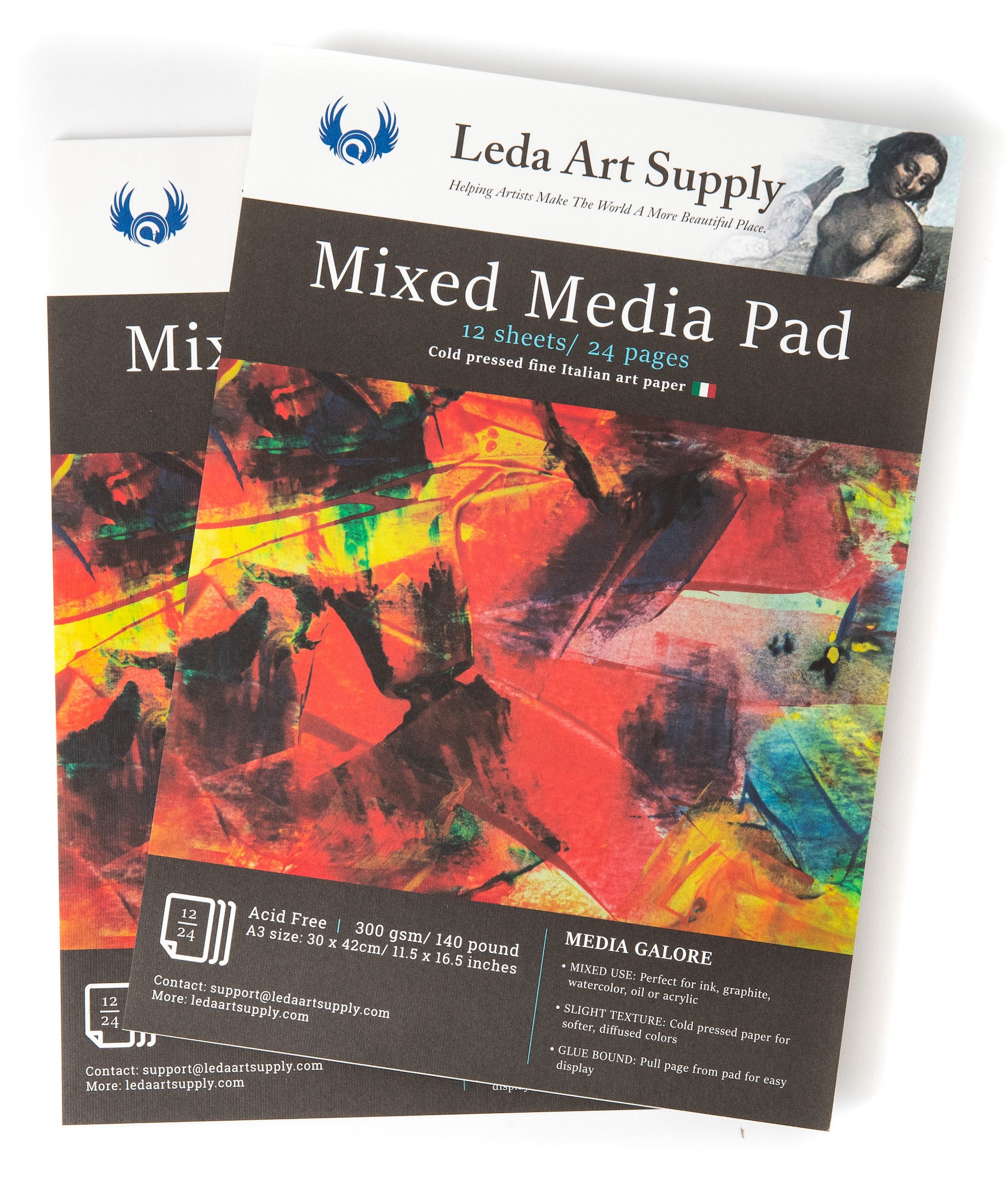  Leda's Mixed-Media Pad 2-Pack for Watercolor, Acrylic, Oil Painting, Markers, Pens or Ink (A3 size 11.5 x 16.5)