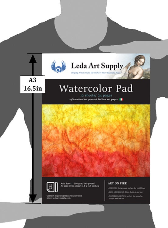 Leda Art Supply A3 Hot Pressed Watercolor Pad Jumbo 2 Pack (24 Sheets) Art Paper Pads -- 25% Cotton with Smooth Surface for Professional renderings (A3 Size 11.5 x 16.5 inches)