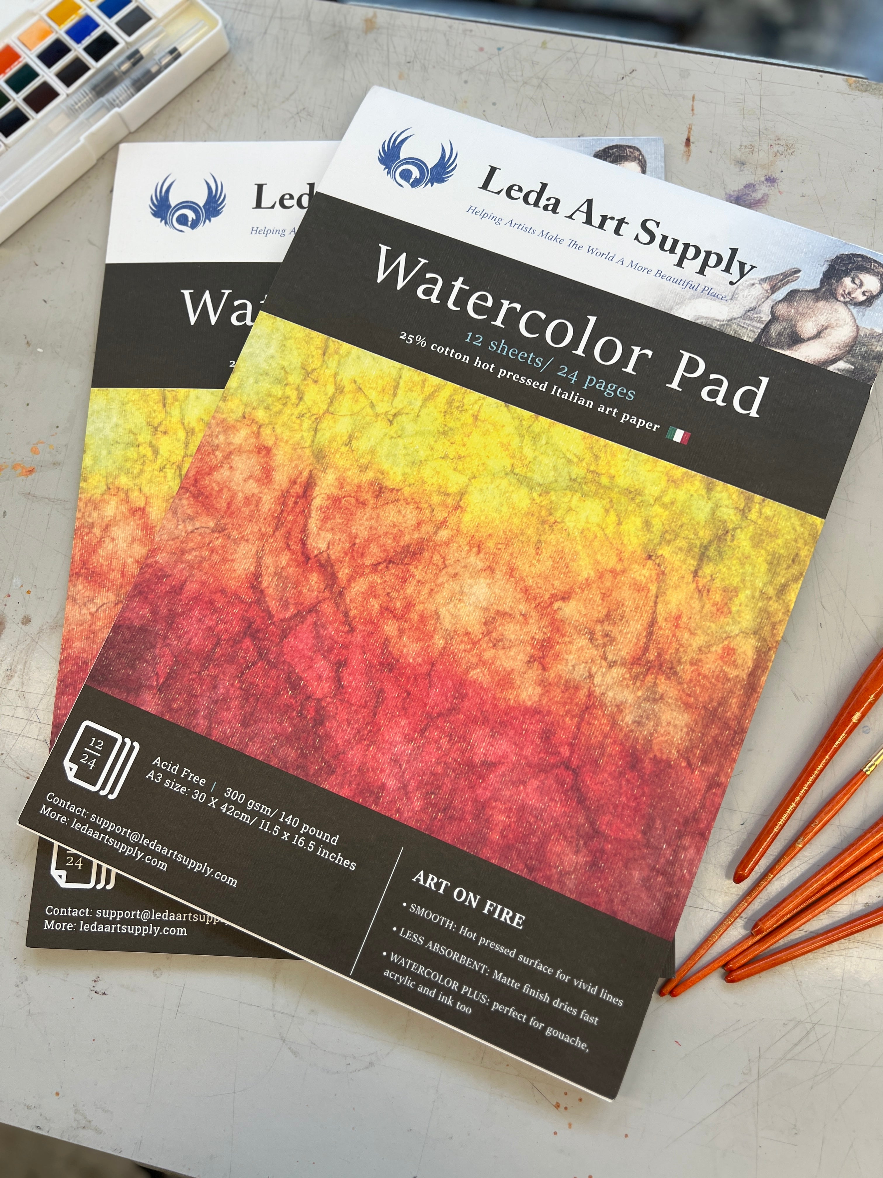 Leda Art Supply A3 Hot Pressed Watercolor Pad Jumbo 2 Pack (24 Sheets) Art Paper Pads -- 25% Cotton with Smooth Surface for Professional renderings (A3 Size 11.5 x 16.5 inches)