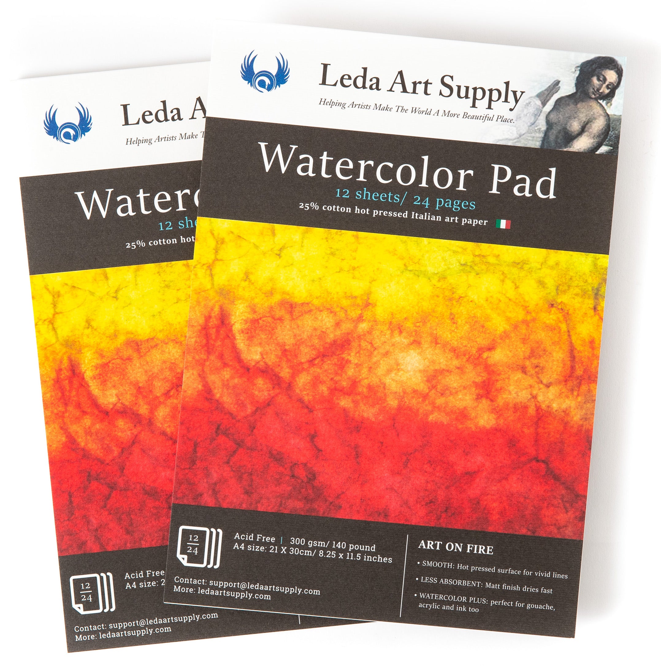 Leda's Hot Pressed Watercolor Pad 2-Pack made with Italian Art Paper for professional renderings (A4 size 8.25 x 11.5 inches)